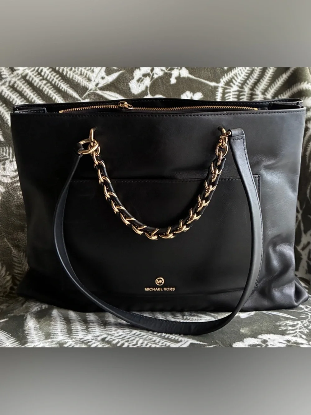 Michael Kors Black Leather Tote with Gold Chain Handles